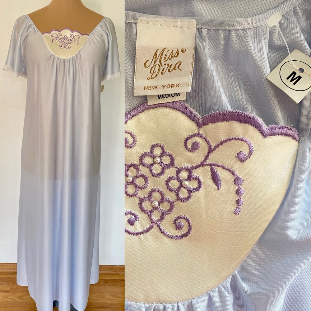 NEW! Vintage 70s Maxi Nightgown *Medium* MISS DIVA Blue Short Sleeve Long Gown